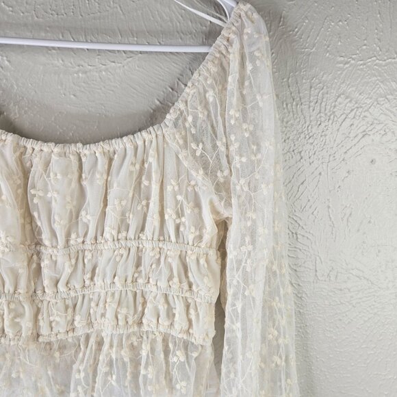 Sheer Off Shoulder Blouse M White Smocked Bell Sleeve Coquette Fairy Boho Top - Picture 9 of 11
